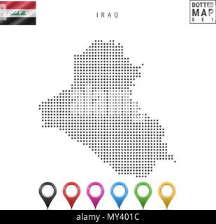Vettore Mappa punteggiata di Iraq. Semplice silhouette dell'Iraq. La bandiera nazionale dell'Iraq. Insieme multicolore i marcatori mappa Illustrazione Vettoriale