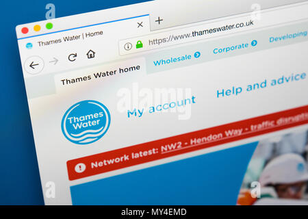 LONDON, Regno Unito - 29 Maggio 2018: la homepage del sito per la Thames Water - La utility private company, il 29 maggio 2018. Foto Stock