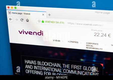 LONDON, Regno Unito - 29 Maggio 2018: la homepage del sito ufficiale di Vivendi SA - Il francese mass media conglomerato, il 29 maggio 2018. Foto Stock