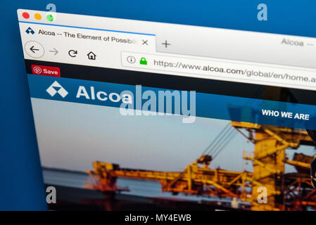 LONDON, Regno Unito - 29 Maggio 2018: la homepage del sito ufficiale di Alcoa - American Industrial Corporation, il 29 maggio 2018. Foto Stock