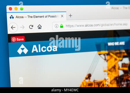 LONDON, Regno Unito - 29 Maggio 2018: la homepage del sito ufficiale di Alcoa - American Industrial Corporation, il 29 maggio 2018. Foto Stock