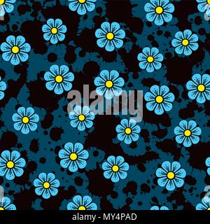 Flower pattern. Piccoli fiori blu su uno sfondo di inchiostro. Uso su carta da parati, tessuti e texture Illustrazione Vettoriale