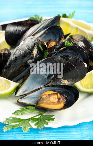 Cuocere le cozze con fettine di lime su una piastra, close-up Foto Stock