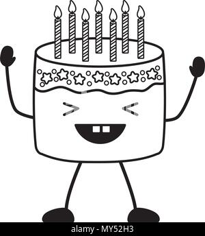 Kawaii torta di compleanno icona su sfondo bianco, illustrazione vettoriale Illustrazione Vettoriale