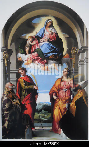 . Madonna con il bambino e i santi . Italiano: Madonna col Bambino e San Giovanni Battista fanciullo in gloria con i santi Benedetto, Paterio, Eufemia e Giustina (Moretto) . 1526. RobyBS89 337 Madonna col Bambino e San Giovanni Battista fanciullo in gloria con i santi Benedetto, Paterio, Eufemia e Giustina Foto Stock