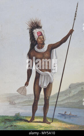 . Inglese: immagine ritagliata di te po un capo di Rarotonga. Originariamente pubblicato da p. John Williams in 'un racconto di imprese missionarie nel sud delle Isole del Mare", 1837 . circa 1837. George Baxter (stampante) 515 Te po un capo di Rarotonga Foto Stock