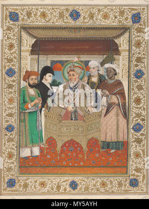 . Inglese: Questa azienda la pittura è un ritratto di Akbar II (1759-1837), che divenne il penultimo imperatore Mughal nel 1806. È seduto in stato su un trono di oro e sulla sinistra della foto si vede Hakim Rukhn ad-Daula e Sir Charles Teofilo (poi signore) Metcalfe (1785-1846), residente e Agent 1811-1819 e 1825-1826. Sulla destra della foto stand Shah Hajji Khwas e Sidi Iqbal 'Alijan Nazir. Akbar II era riuscito dall'ultimo imperatore Bahadur Shah II. "Società dipinti' sono state prodotte da artisti indiani per gli europei che vivono e lavorano nel subcontinente indiano, specialmente B Foto Stock