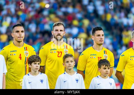 5 giugno 2018: Cristian Manea #4 (Romania) Mihai Balasa #27 (Romania) Paolo Anton #15 (Romania) durante la International Amichevole - Romania vs. Finlandia a Ilie Oana Stadium di Tulcea, Romania ROU. Copyright: Cronos/Catalin Soare Foto Stock