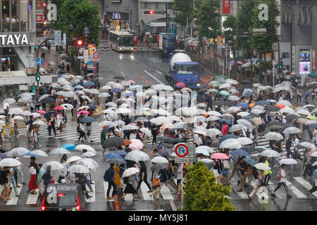 Tokyo, Giappone. 6 Giugno, 2018. Pedoni tenere ombrelli sotto la pioggia a Shibuya scramble attraversando il 6 giugno 2018, Tokyo, Giappone. In Giappone il Meteorological Agency ha annunciato il primo inizio della stagione delle piogge in Kanto, Kinki e Tokai regioni oggi. L'annuale stagione piovosa o Tsuyu generalmente inizia ai primi di giugno e dura fino a metà luglio. Quest'anno la stagione delle piogge è arrivato 1 giorno in anticipo in Kanto, 14 giorni in Kinki e quindici giorni a Tokai rispetto allo scorso anno. Credito: Rodrigo Reyes Marin/AFLO/Alamy Live News Foto Stock