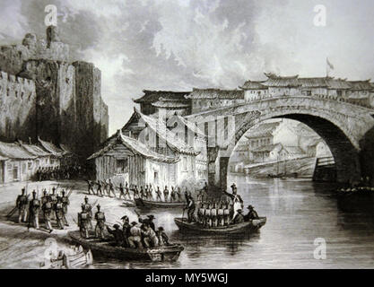 . Inglese: West Gate di Ching-Keang-Foo. Le truppe britanniche di terra a Ching-Keang-Foo (Chin-kiang) durante la Prima Guerra di oppio. 中文（繁體）‎: 鎮江西門。英軍在鴉片戰爭期間登陸在鎮江。 中文（简体）‎: 镇江西门。英军在鸦片战争期间登陆在镇江。 . 1843. Disegnata da Thomas Allom, da uno schizzo di Capt. James Stoddart, RN. Incisi da J. M. Starling. 560 West Gate di Ching-Keang-Foo-2 Foto Stock