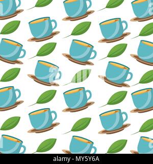 Blue tazze da caffè su piatti di foglie di menta sfondo illustrazione vettoriale Illustrazione Vettoriale