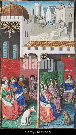 . Inglese: Costantino con i suoi tre figli tra i quali egli ha diviso il suo impero; senatori; la costruzione di Costantinopoli (fondo) Contenuto: Agostino, La Cité de Dieu (Vol. I). Traduzione dal latino da Raoul de Presles Luogo di origine, data: Parigi, Maïtre François (illuminatore); c. 1475; 1478-1480 Materiale: Vellum, ff. 467, 440x300 (270x185) mm, 46 linee, littera hybrida, vincolante del xviii secolo in pelle marrone (c. 1769) Decorazione: 11 due-colonna miniature (257/204x190/177 mm); 277 colonna miniature (c. 120x80 mm); 11 illustrazioni nel margine (stemmi); decorate iniziali con bord Foto Stock