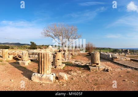 Antico tempio colonne nel Parco Archeologico di Kato Pafo, città di Paphos a Cipro. Immagine panoramica. Foto Stock