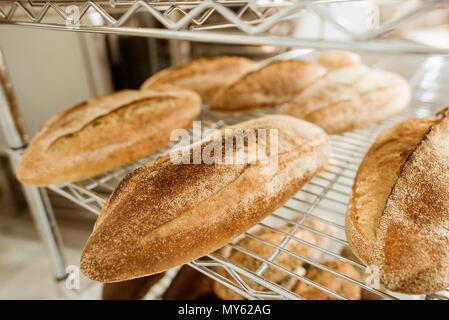 Ripiani con gustoso pane appena sfornato sulla fabbricazione di cottura Foto Stock