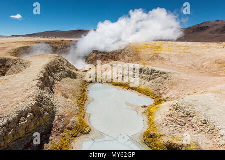 L'attività vulcanica del Sol de Mañana in Bolivia tra il Cile e il sale di Uyuni piatto. Fango box e fumarole con vapore acqueo sentieri nelle Ande. Foto Stock