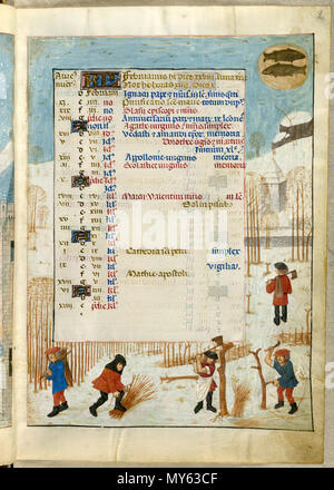 . Inglese: questa pagina, dal calendario per il mese di febbraio, mostra il segno zodiacale di pesci (come due pesci, rivolte in direzioni opposte) nella parte superiore destra del folio. Qui di seguito è una scena invernale simile a gennaio, con un gruppo di uomini occupati la trinciatura e la raccolta di legname. Il 18 novembre 2010. artisti sconosciuti, 1480s altre 23 18851, f. 2 Nella pagina del calendario per il mese di febbraio Foto Stock