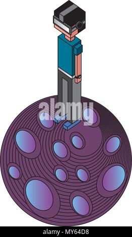 Boy utilizzando occhiali vr in piedi sul pianeta di gioco Illustrazione Vettoriale