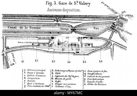 . Français : Plan de l'ancienne configuration de la gare de Saint-Valery, imprimée en 1888, après la trasformazione pour l'arrivée de la voie à quatre fils de rail réalisée en 1887. scan le 2012-09-06 20:00:59, piano éditée en 1888. Revue générale des chemins de fer 203 Gare-Saint-Valery-ancienne-disposizione-1888 Foto Stock