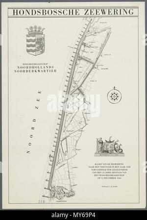 Hondsbossche Zeewering 1946. Kaart van de Hondsbossche Zeewering naar de toestand in het jaar 1940, nel 1946 vervaardigd ter gelegenheid van het 25-jarig bestaan van het Hoogheemraadschap Noordhollands Noorderkwartier. Met Het Wapen van de Hondsbossche. Vervaardiger: Onbekend Catalogusnummer: PR 1005122 Foto Stock