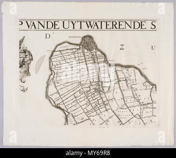 Hoogheemraadschap van de Uitwaterende Sluizen in Kennemerland en West-Friesland 1745. 16-bladige kaart van 't-Hoogh heemraetschap vande Uijtwaterende Sluysenin Kennemerland ende West-Vrieslandt. Bovanaan v.l.n.r. de wapens van Dhr. Cornelis van Eyck Dijkgraaf, Dhr. Claas Swaan Hoogh-heemraad, Dhr. Gerard Stuylingh Hoogh-heemraad, Dhr. Dirk Sevenhuysen Hoogh-heemraad, Gerbrand Crol Hoogh-heemraad, Dhr. mr. Johan Baert Rentmeester ende Secretaris. In het midden Het Wapen van het Hoogheemraadschap v.d. Uitwaterende sluizen porta omgeven een allegorische voorstelling die de taak van het Hoogheemraa Foto Stock