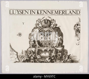 Hoogheemraadschap van de Uitwaterende Sluizen in Kennemerland en West-Friesland 1745. 16-bladige kaart van 't-Hoogh heemraetschap vande Uijtwaterende Sluysenin Kennemerland ende West-Vrieslandt. Bovanaan v.l.n.r. de wapens van Dhr. Cornelis van Eyck Dijkgraaf, Dhr. Claas Swaan Hoogh-heemraad, Dhr. Gerard Stuylingh Hoogh-heemraad, Dhr. Dirk Sevenhuysen Hoogh-heemraad, Gerbrand Crol Hoogh-heemraad, Dhr. mr. Johan Baert Rentmeester ende Secretaris. In het midden Het Wapen van het Hoogheemraadschap v.d. Uitwaterende sluizen porta omgeven een allegorische voorstelling die de taak van het Hoogheemraa Foto Stock