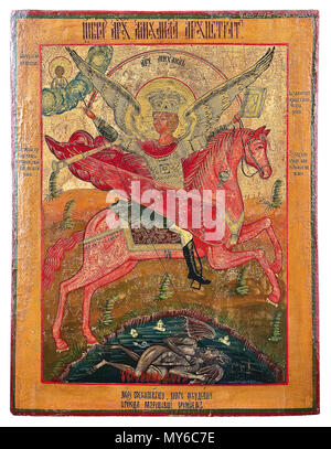 . Una grande icona che mostra San Michele Cavaliere dell'Apocalisse. Tempera su pannello di legno Coronato, con accentuate, proteso ali, a cavallo di un ardente cavallo alato, l'arcangelo soffiando una tromba d'oro, sollevando un Libro dei Vangeli e uccidere il drago con la sua lancia con Terminale per tenda cruciforme. Cristo Emmanuele che figurano nelle nuvole di vorticazione. Lo sfondo spogliato di gesso. Minimamente ripristinato. Russo, xix secolo. 45 x 34,7 cm. Russland, 19. Jh. 19 c,. Anonimo 252 Icona di Saint Michael cavaliere (Russia, XIX c., priv. coll.) 2 Foto Stock
