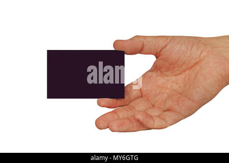 Mano azienda blank business card. Il marrone scuro business card in mano maschio isolato su sfondo bianco Foto Stock