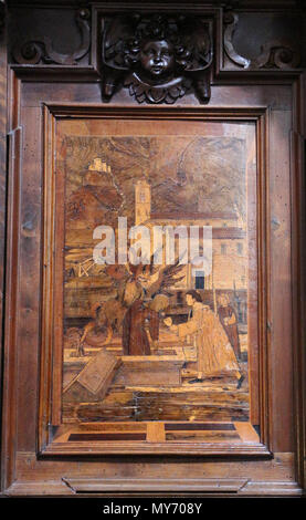 . Italiano: Santi Bartolomeo e Stefano (Bergamo) . 1510-20 circa ; 2014-05-26 16:17:14. Sailko 184 Fra damiano zambelli, tarsie del coro di San Bartolomeo a bergamo, 1510-20 circa 04 diavolo Foto Stock
