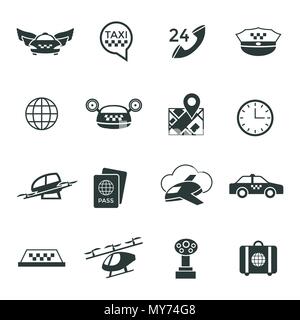 Vettore digitale flying taxi drone icon set pack illustrazione, linea semplice stile piatto Illustrazione Vettoriale