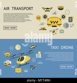 Vettore digitale flying taxi drone icon set pack illustrazione, linea semplice stile piatto infographics Illustrazione Vettoriale