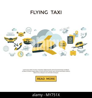 Vettore digitale flying taxi drone icon set pack illustrazione, linea semplice stile piatto infographics Illustrazione Vettoriale