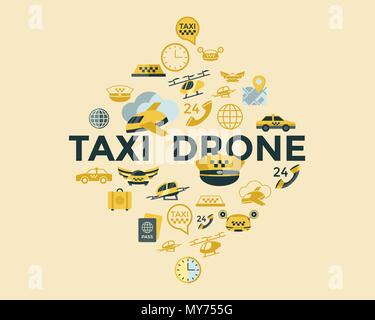 Vettore digitale flying taxi drone icon set pack illustrazione, linea semplice stile piatto infographics Illustrazione Vettoriale