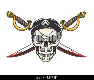 Sorridente teschio umano e attraversato sciabole disegnati in stile tatuaggio. Vector Illuistration. Illustrazione Vettoriale