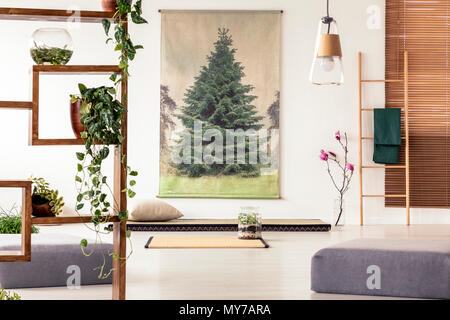 Piante su un ripiano di legno in un oriental salotto interno con un tatami, mat, ottomani, scaletta e poster ad albero Foto Stock