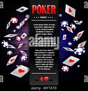 Casino Gambling Poker poster background design modello. Invito di poker con carte da gioco e i chip. Casinò Online game design. Illustrazione Vettoriale. Illustrazione Vettoriale