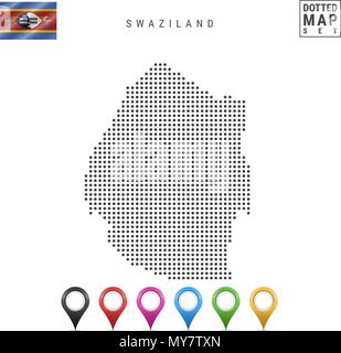 Vettore Mappa punteggiata di Swaziland. Semplice Silhouette dello Swaziland. Bandiera nazionale dello Swaziland. Mappa multicolore set di marcatori Illustrazione Vettoriale