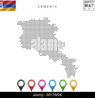 Vettore Mappa punteggiata di Armenia. Semplice silhouette dell'Armenia. Bandiera nazionale dell'Armenia. Insieme multicolore i marcatori mappa Illustrazione Vettoriale