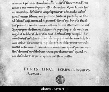 . Inglese: Cicero, fine della quarta orazione Catiliniarian, in un manoscritto di Poggio Bracciolini. Firenze, Biblioteca Medicea Laurenziana Plut. 48,22, fol. 121r. Deutsch: Cicero, Ende der vierten Catilinarischen Rede in einer von Poggio Bracciolini geschriebenen Handschrift. Florenz, Biblioteca Medicea Laurenziana Plut. 48,22, fol. 121r. 1425. Cicero 113 Cicerone, Catiline orazioni, Firenze, Plut. 48,22 Foto Stock