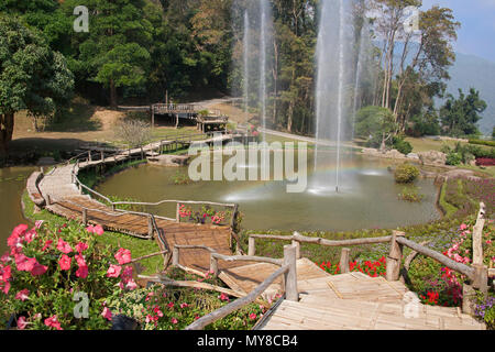 Passerella in legno e il lago di Orto Botanico della Regina Sirikit Mae Rim distretto Nord della Thailandia Foto Stock