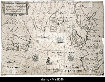 . Inglese: grafico marini del Nord Atlantico inserito in una relazione intitolata Voyage van esperimento van den generalen regul des gesichts van de Groote zeevaert (1620) circa il fallimento del tentativo fatto da Jan Hendricks Jarichs van der Ley (1566-1639) per calcolare le longitudini geografiche utilizzando un nuovo tipo di mappa. Incisione su rame, ['s Gravenhage, s.n., 1620]. Español: Carta marina del Atlántico Norte inserta en onu informe titulado Voyage van esperimento van den generalen regul des gesichts van de Groote zeevaert (1620) acerca del intento fallido realizado por Jan Hendricks Jarichs van der Ley (1566-1639) Foto Stock