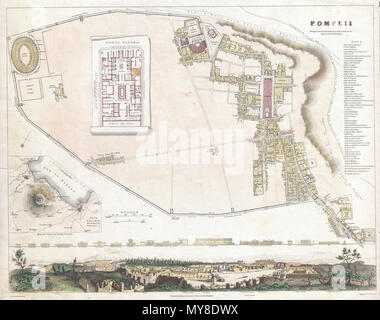 . Pompei.. Inglese: un bellissimo esempio di 1832 S.D.U.K. mappa di Pompei, Italia. Pompei fu distrutta dall'eruzione del vulcano Vesuvio nel 60 d.c. 79 e rimase sepolta sotto la cenere fino alla sua riscoperta nel 1748. Sebbene gli scavi erano stati nel processo per quasi 60 anni quando la mappa è stata stampata, molto poco di questa antica città romana era stato rinvenuto. Le porzioni di scavi di Pompei, confinata alla mano destra quadranti della mappa, ha richiamato l attenzione del mondo come più e più straordinariamente conservato piacere città fu dissotterrato. Per gli inglesi e le donne in visita in Italia come Foto Stock