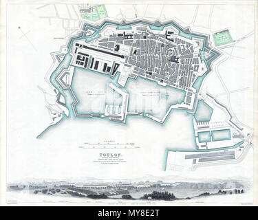 . Pianta della città di Tolone, Francia. Inglese: Questa mappa è una piastra di acciaio di incisione, risalente al 1840 e pubblicato dalla S.D.U.K. o "Società per la diffusione di conoscenze utili". Esso rappresenta il sud della città francese di Tolone, sulla Riviera Francese tra Marsiglia e San Tropez. . 1840 6 1840 S.D.U.K. Mappa o la pianta della città di Tolone, Francia - Geographicus - Tulon-SDUK-1840 Foto Stock