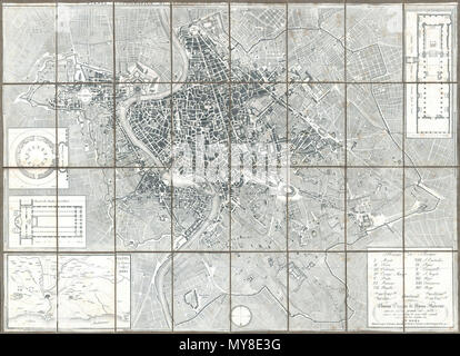 . Nouva Pianta de Roma moderna estratta dalla grand del Nolli corretta ed acccresciuta de nomi delle contrade indicati al loro rispettivo sito in Roma. Inglese: un raffinato e raro caso 1843 formato mappa di Roma, Italia da Venanzio Monaldini. Questo straordinario mappa di Roma Riferimenti pesantemente, con vari aggiornamenti e revisioni, quello seminale 1734 mappa di Roma da Giovanni Battista Nolli. Nolli mappa dell è stato il primo moderno mappa di Roma e base di quasi tutte le successive mappe di Roma fino a circa 1870, quando Roma divenne la capitale d'Italia e più moderni piani sono stati rilasciati. Rappresenta la città in extraor Foto Stock