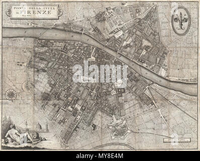 . Pianta della citta di Firenze. Inglese: una rara e straordinaria 1847 mappa di Firenze o Firenze, Italia di Giuseppe Molini. Questo magnificamente mappa incisa è stato originariamente disegnata nel 1731 dall'architetto fiorentino Ferdinando Ruggieri. Orientato a sud la mappa copre la cinta di mura centro di Firenze come si estende su entrambi i lati del fiume Arno. Offre eccellenti dettagli sulla strada e livello di edificio mostra torri, giardini, piazze, palazzi e in molti casi i singoli alberi. Il titolo viene visualizzato in una cornice decorativa nel quadrante superiore sinistro. Quadrante superiore destro presenta il giglio symbo Foto Stock