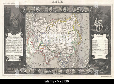 . Asie. Inglese: un visivamente mozzafiato mappa decorativo di Asia risalente al 1852, dal francese editore Mappa Victor Levasseur. Copre tutto il continente dell'Asia nonché parti parti adiacenti l Europa e l Africa. Mostra l'Impero cinese incluso il Tibet e in Mongolia. Nel sudest asiatico i regni di Annam, Chochine, Tonkin, Siam e Birmania sono noti. Singapore è identificato. L'Afghanistan è diviso nel regno di Kaboul, regno di Heral e la Confederazione di Belouchistan. Diverse isole nel Russo artico, compresi Nova Zembla e la nuova Siberia isole sono mappati vagamente. Curioso Foto Stock