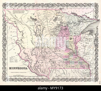 . Minnesota. Inglese: un bel 1855 prima edizione primo stato esempio di Colton la mappa del Minnesota. Questo è uno dei rari e più desiderabile di tutti Colton atlas mappe. Come la maggior parte di Colton è stato mappe, questa mappa è stata derivata da una parete precedente mappa del Nord America prodotta da Colton e D. Griffing Johnson. Coperchi Minnesota territoriale, che includeva il giorno moderno del Nord e del Sud Dakota. Quando la mappa è stata tracciata solo una piccola porzione del sud est della mano del Minnesota state piastrate per insediamento, il resto del territorio è dominato da un certo numero di grandi e potenti American nazione indiana Foto Stock
