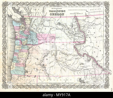 . Il territorio di Washington e Oregon. Inglese: un bel 1855 prima edizione primo stato esempio di Colton la mappa del territorio di Washington e Oregon. Questo è uno dei rari e più desiderabile di tutti Colton atlas mappe. Sulla base di precedenti mappa di parete prodotta da Colton e D. Griffing Johnson, questa mappa dettagli regioni tra la costa del Pacifico e il Continental Divide. Territoriale coperchi di Washington e Oregon incluso il giorno moderno Stato di Idaho. Colton identifica un certo numero di importanti emigrante e percorsi esplorativi compresi Fremont il percorso e il percorso proposto da Gove Foto Stock