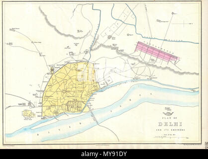 . Piano di Delhi e dei suoi dintorni. Inglese: si tratta di un visto raramente mappa di Delhi, India, risalente al 1858, da Londra cartografo Edward Weller. Rappresenta la città di Delhi poco dopo la soppressione dell'ammutinamento indiano nel 1857. Orientato verso l'occidente. Mostra ciò che è oggi la Vecchia Delhi a ovest del fiume Jumna. La illustra le mura della città vecchia, palazzi, cancelli, bazar, templi, moschee e siti di grave e tombe, le strade e gli edifici comunali. Mostra il pontoon ponte che attraversa il Jumna nonché il cantonments a nord della città. Originariamente parte della spedizione settimanale Atlas , ma rilasciato solo in 18 Foto Stock