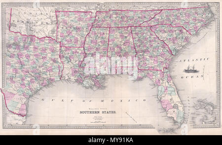. Stati del sud . Inglese: questa è una bella cartina del sud-est degli Stati Uniti da Henry in muratura. Risale al 1868, poco dopo la conclusione della guerra civile. Quando questa mappa è stata realizzata il sud degli Stati Uniti erano nel mezzo di depressione economica e la ricostruzione era. Si estende dal North Carolina e Tennessee sud. Include la Florida e la maggior parte del Texas. Una nave decora la Atlantic dove Itinerari nautici sono mostrati da Savannah a New York e da Avana a New York. Emessi da Henry in muratura per la sua Atlas del sud degli Stati Uniti. Preparato da H. S. Stebbins di 229 Broadway, New York. Foto Stock