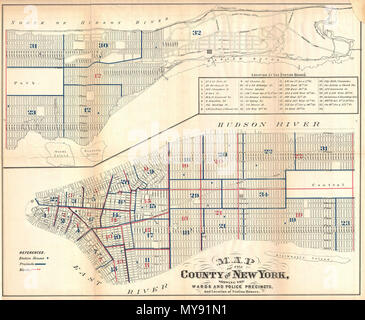 . Mappa della contea di New York, mostrando i reparti e polizia perimetro, e la posizione della stazione Case. Inglese: Questa è la mappa grande 1871 mappa di New York City di reparti di degenza e polizia precincts. Copertura di tutti i di Manhattan in due sezioni, questo i dettagli mappa le ubicazioni dei dipartimenti di polizia, stazione case, Circoscrizioni e quartieri - molti di questi i dipartimenti di polizia di mantenere le stesse posizioni di oggi. Quando Hardy ha rilasciato questa mappa vi erano 32 Circoscrizioni di polizia in Manhattan. Tutte le strade sono etichettati. Pubblicato da John Hardy, Cancelliere del Consiglio comune per il 1871 edizione del manuale della Corporation di Foto Stock